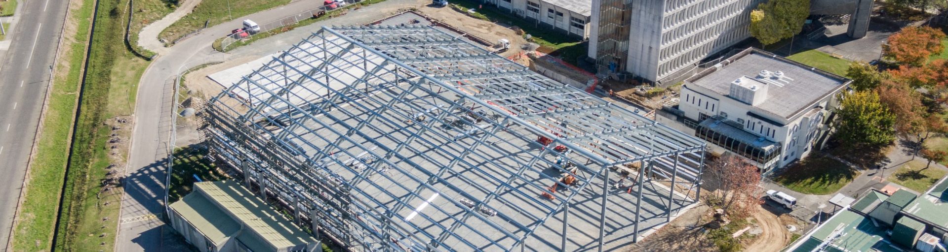 large scale steel frame building in construction