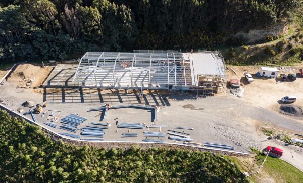 Drone shot of steel frame structure for a large-scale warehouse by coresteel
